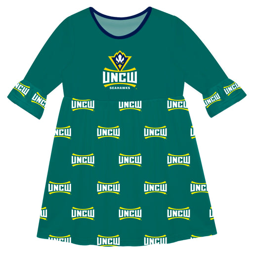 UNC Wilmington Seahawks UNCW Vive La Fete Girls Game Day 3/4 Sleeve Solid Teal All Over Logo on Skirt