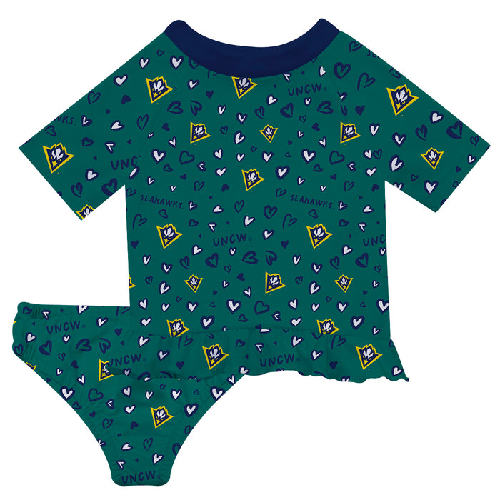 University of North Carolina Seahawks UNCW Vive La Fete All Over Logo Teal Long Sleeve Bikini Set