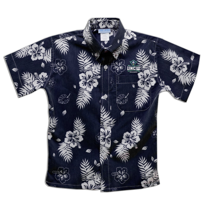 University of North Carolina Seahawks UNCW Navy Hawaiian Short Sleeve Button Down Shirt