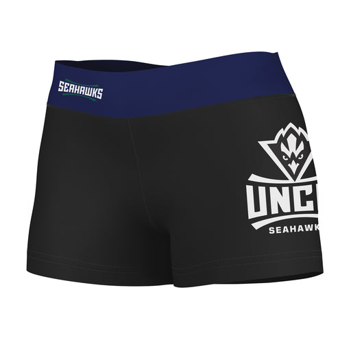 UNC Wilmington Seahawks UNCW Logo on Thigh & Waistband Black & Blue Women Yoga Booty Workout Shorts 3.75 Inseam