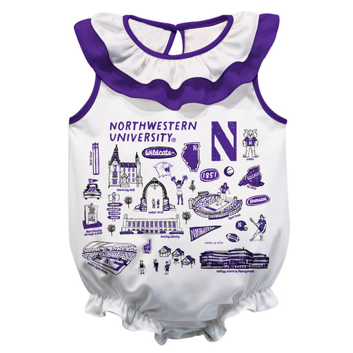 Northwestern University Wildcats  White Hand Sketched Vive La Fete Impressions Artwork Sleeveless Ruffle Onesie Bodysuit
