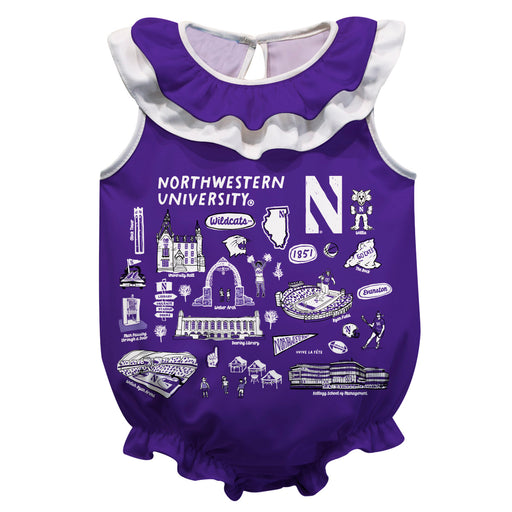 Northwestern University Wildcats  Purple Hand Sketched Vive La Fete Impressions Artwork Sleeveless Ruffle Onesie Bodysui
