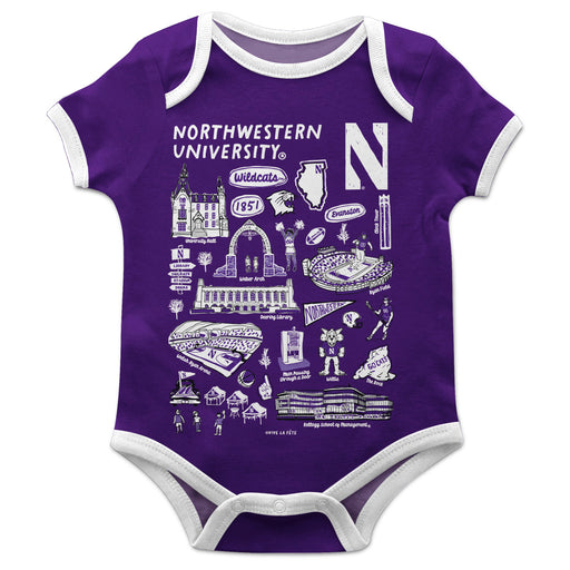 Northwestern University Wildcats Hand Sketched Vive La Fete Impressions Artwork Infant Purple Short Sleeve Onesie Bodysu