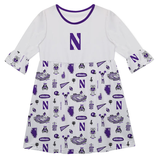 Northwestern University Wildcats 3/4 Sleeve Solid White Repeat Print Hand Sketched Vive La Fete Impressions Artwork on S