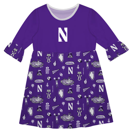 Northwestern Wildcats 3/4 Sleeve Solid Purple Repeat Print Hand Sketched Vive La Fete Impressions Artwork on Skirt