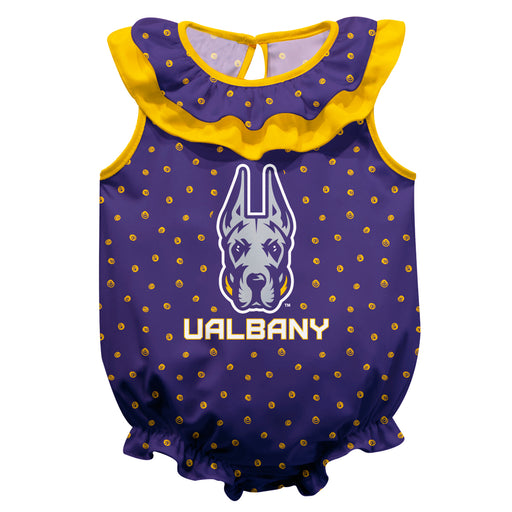 UALBANY Great Danes Swirls Purple Sleeveless Ruffle Onesie Logo Bodysuit