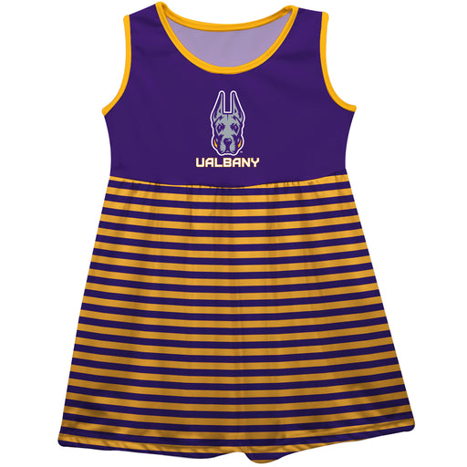 University at Albany Great Danes UALBANY Purple and Gold Sleeveless Tank Dress with Stripes on Skirt by Vive La Fete