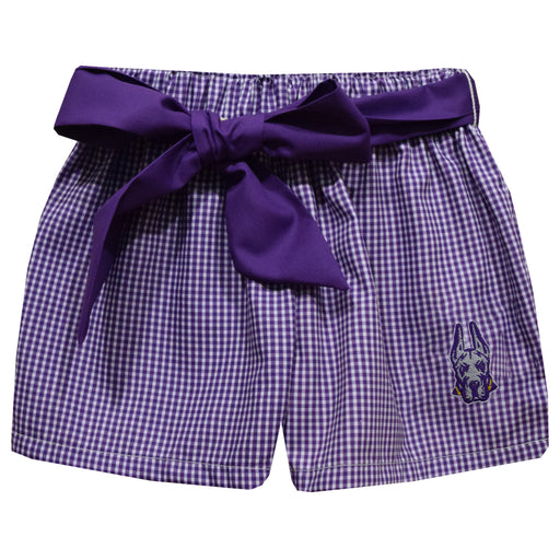 University at Albany Great Danes UALBANY Embroidered Purple Gingham Girls Short with Sash