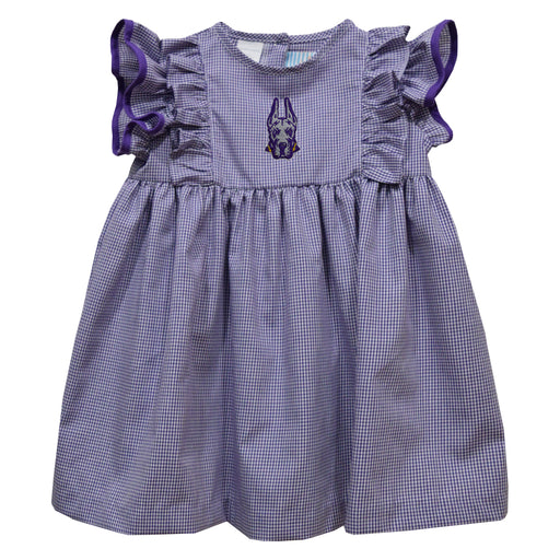 University at Albany Great Danes UALBANY Embroidered Purple Gingham Ruffle Dress