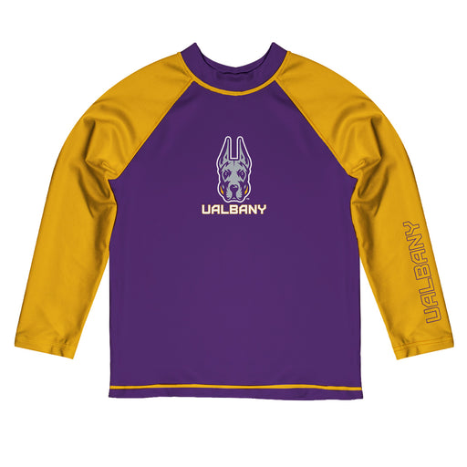 UALBANY Great Danes Vive La Fete Logo Purple Yellow Long Sleeve Raglan Rashguard