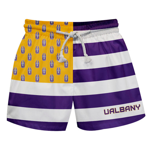 UALBANY Great Danes Vive La Fete Game Day Purple White Yellow Flag Swimtrunks V1