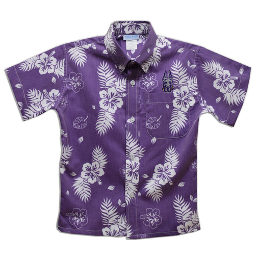 University at Albany Great Danes UALBANY Purple Hawaiian Short Sleeve Button Down Shirt