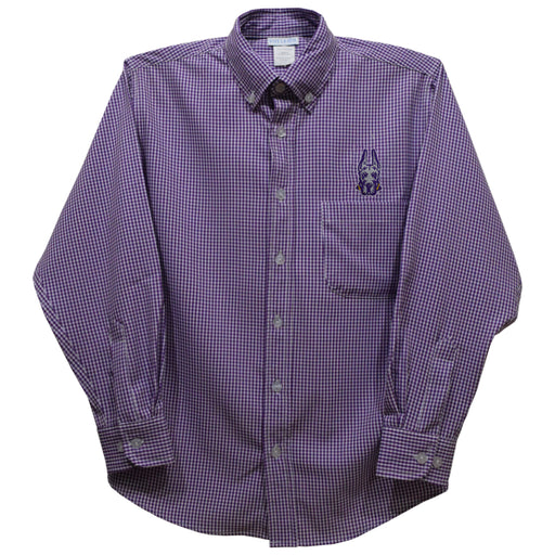 University at Albany Great Danes UALBANY Embroidered Purple Gingham Long Sleeve Button Down Shirt