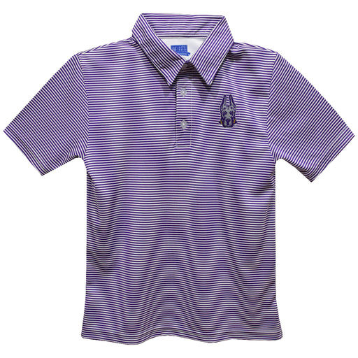 University at Albany Great Danes UALBANY Embroidered Purple Stripes Short Sleeve Polo Box Shirt
