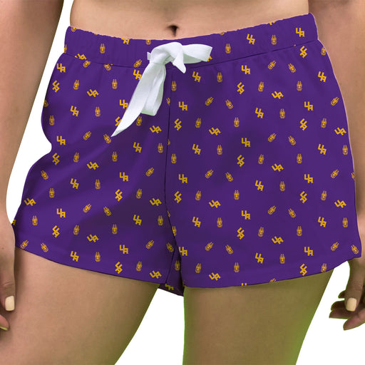 UALBANY Great Danes Vive La Fete Game Day All Over Logo Women Purple Lounge Shorts