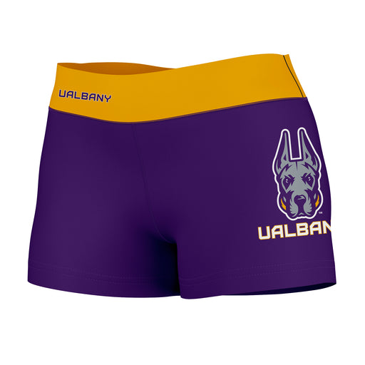 UALBANY Great Danes Vive La Fete Logo on Thigh & Waistband Purple Yellow Women Yoga Booty Workout Shorts 3.75 Inseam"