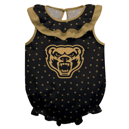 Oakland Golden Grizzlies Swirls Black Sleeveless Ruffle Onesie Logo Bodysuit