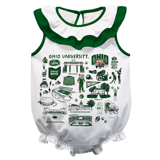 Ohio University Bobcats  White Hand Sketched Vive La Fete Impressions Artwork Sleeveless Ruffle Onesie Bodysuit