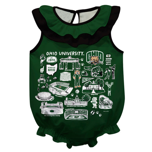 Ohio University Bobcats  Green Hand Sketched Vive La Fete Impressions Artwork Sleeveless Ruffle Onesie Bodysuit