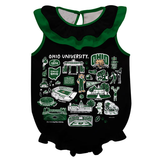 Ohio University Bobcats  Black Hand Sketched Vive La Fete Impressions Artwork Sleeveless Ruffle Onesie Bodysuit