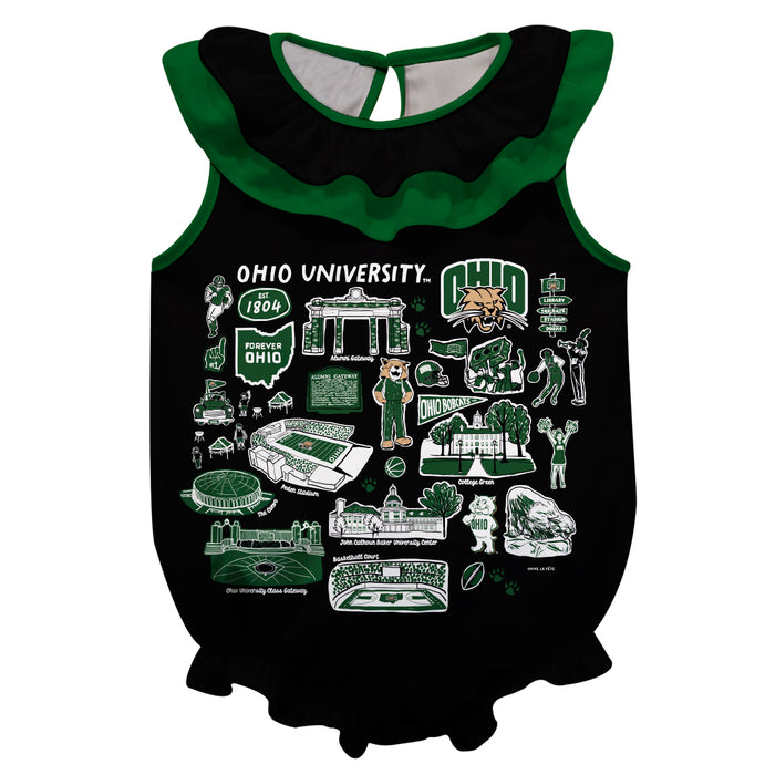 Ohio University Bobcats  Black Hand Sketched Vive La Fete Impressions Artwork Sleeveless Ruffle Onesie Bodysuit