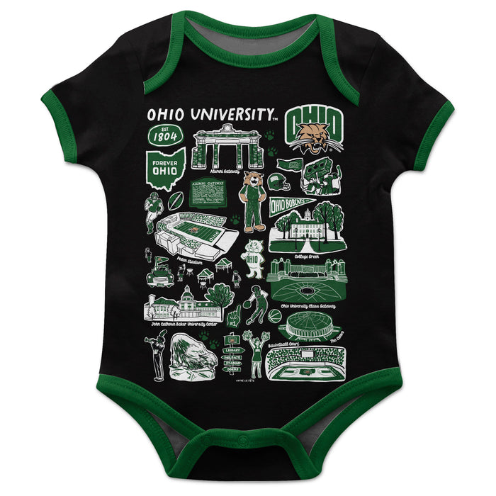Ohio University Bobcats Hand Sketched Vive La Fete Impressions Artwork Infant Black Short Sleeve Onesie Bodysuit