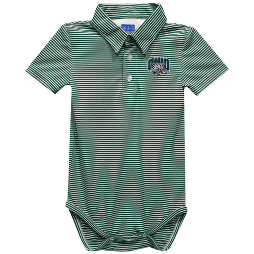 Ohio University Bobcats Embroidered Hunter Green Stripe Knit Boys Polo Bodysuit