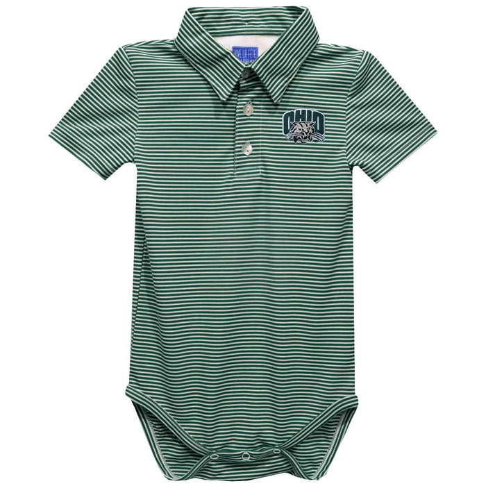 Ohio University Bobcats Embroidered Hunter Green Stripe Knit Boys Polo Bodysuit