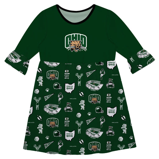 Ohio University Bobcats 3/4 Sleeve Solid Green Repeat Print Hand Sketched Vive La Fete Impressions Artwork on Skirt