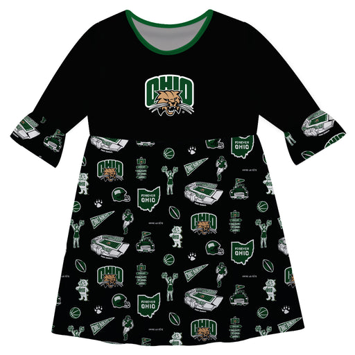 Ohio University Bobcats 3/4 Sleeve Solid Black Repeat Print Hand Sketched Vive La Fete Impressions Artwork on Skirt