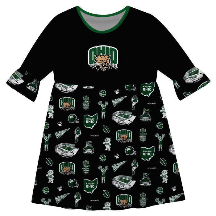Ohio University Bobcats 3/4 Sleeve Solid Black Repeat Print Hand Sketched Vive La Fete Impressions Artwork on Skirt