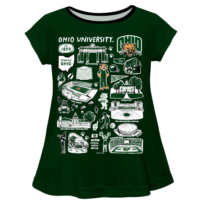 Ohio University Bobcats Hand Sketched Vive La Fete Impressions Artwork Green Short Sleeve Top