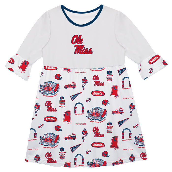 Ole Miss Rebels 3/4 Sleeve Solid White Repeat Print Hand Sketched Vive La Fete Impressions Artwork on Skirt