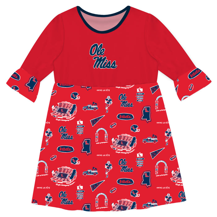 Ole Miss Rebels 3/4 Sleeve Solid Red Repeat Print Hand Sketched Vive La Fete Impressions Artwork on Skirt