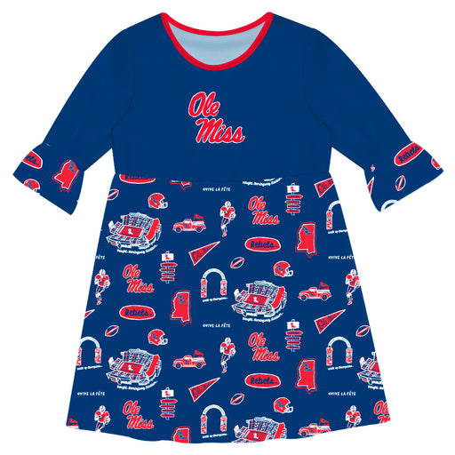 Ole Miss Rebels 3/4 Sleeve Solid Blue Repeat Print Hand Sketched Vive La Fete Impressions Artwork on Skirt