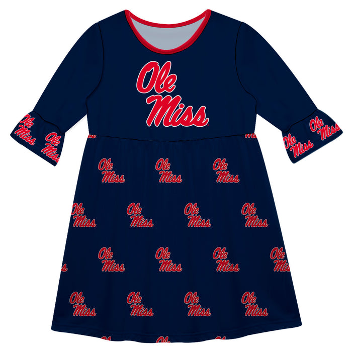 Ole Miss Rebels Vive La Fete Girls Game Day 3/4 Sleeve Solid Navy All Over Logo on Skirt