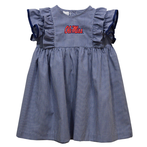 Ole Miss Rebels Embroidered Navy Gingham Girls Ruffle Dress