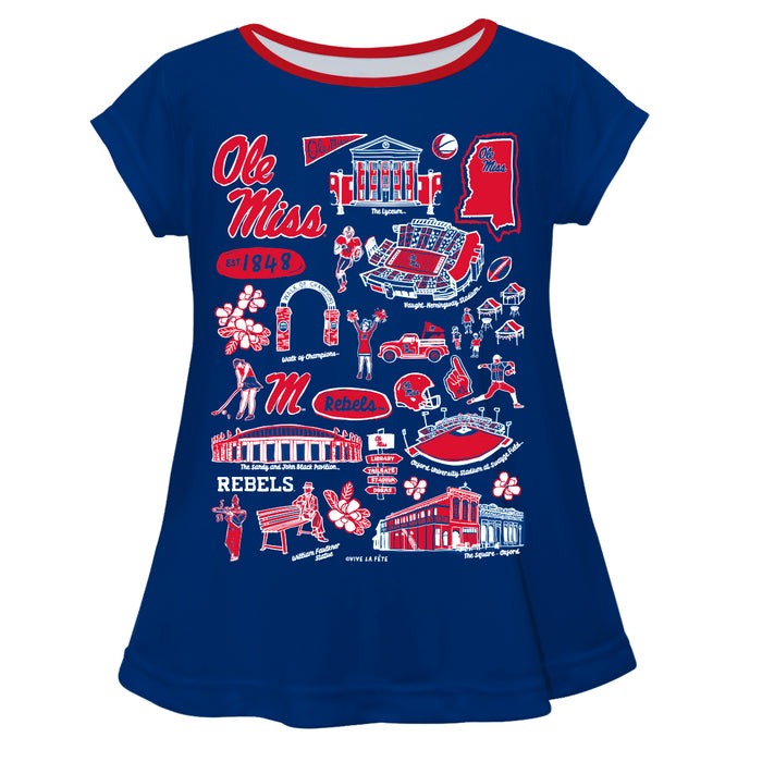 Ole Miss Rebels Hand Sketched Vive La Fete Impressions Artwork Blue Short Sleeve Top