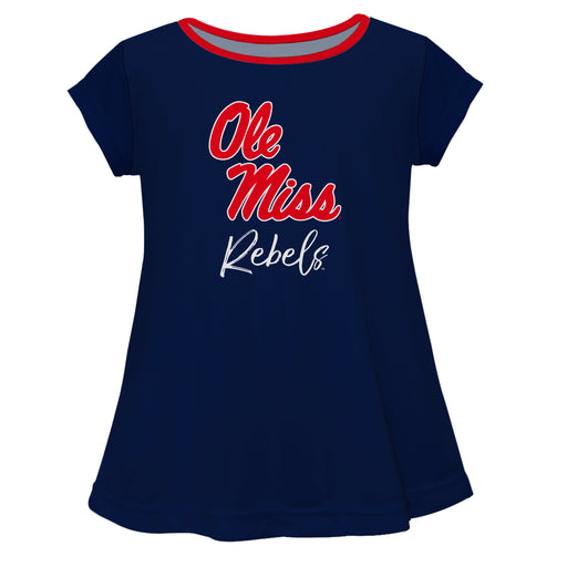 Ole Miss Rebels Vive La Fete Girls Game Day Short Sleeve Navy Top with School Logo and Name