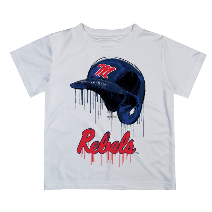 Ole Miss Rebels Original Dripping Baseball Helmet White T-Shirt by Vive La Fete