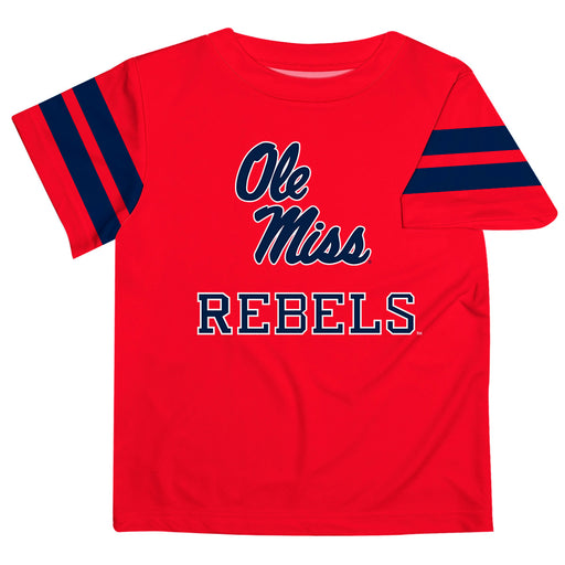 Ole Miss Rebels Vive La Fete Boys Game Day Red Short Sleeve Tee with Stripes on Sleeves