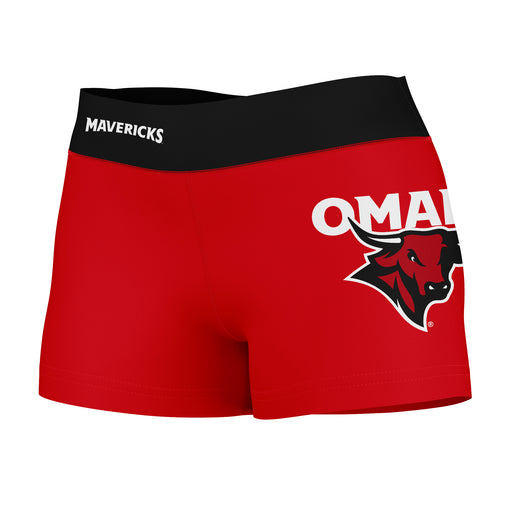 Omaha Mavericks Vive La Fete Logo on Thigh & Waistband Red Black Women Yoga Booty Workout Shorts 3.75 Inseam
