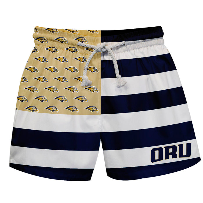 Oral Roberts Golden Eagles Vive La Fete Game Day Navy White Gold Flag Swimtrunks V1