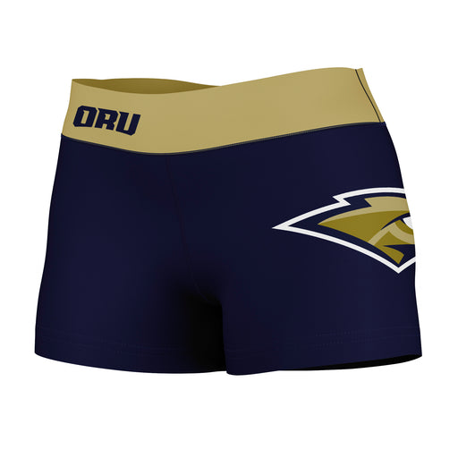 Oral Roberts Golden Eagles Vive La Fete Logo on Thigh & Waistband Navy Gold Women Yoga Booty Workout Shorts 3.75 Inseam