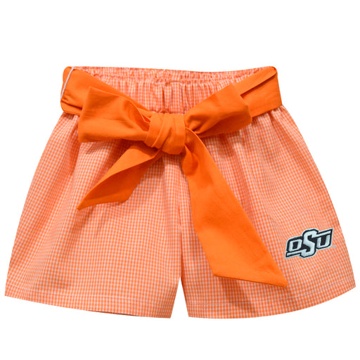 Oklahoma State Embroidered Orange Gingham Girls Short With Sash
