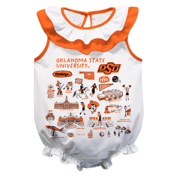 OSU Cowboys  White Hand Sketched Vive La Fete Impressions Artwork Sleeveless Ruffle Onesie Bodysuit