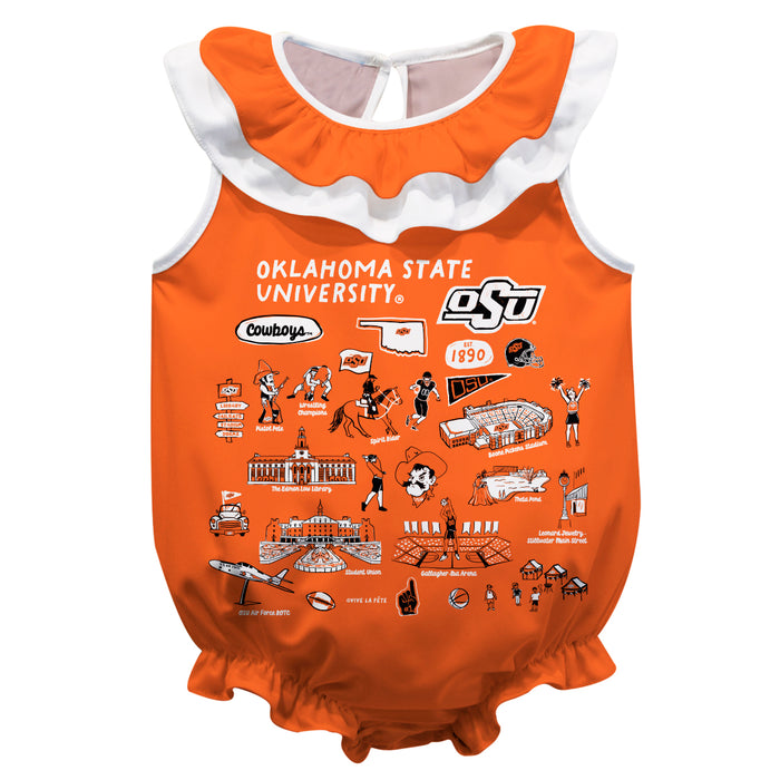 OSU Cowboys  Orange Hand Sketched Vive La Fete Impressions Artwork Sleeveless Ruffle Onesie Bodysuit