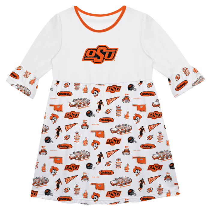 OSU Cowboys 3/4 Sleeve Solid White Repeat Print Hand Sketched Vive La Fete Impressions Artwork on Skirt