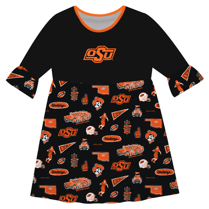 OSU Cowboys 3/4 Sleeve Solid Black Repeat Print Hand Sketched Vive La Fete Impressions Artwork on Skirt