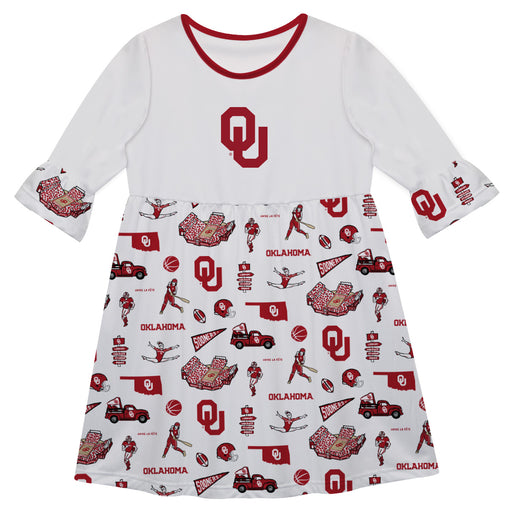 Oklahoma Sooners 3/4 Sleeve Solid White Repeat Print Hand Sketched Vive La Fete Impressions Artwork on Skirt